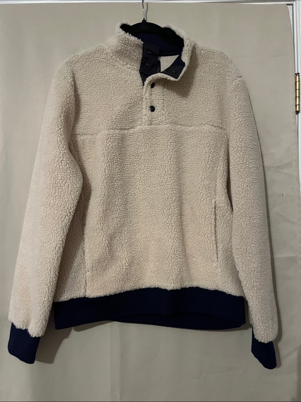 J. Crew Factory Men's Cream Sherpa Pullover with Navy Trim